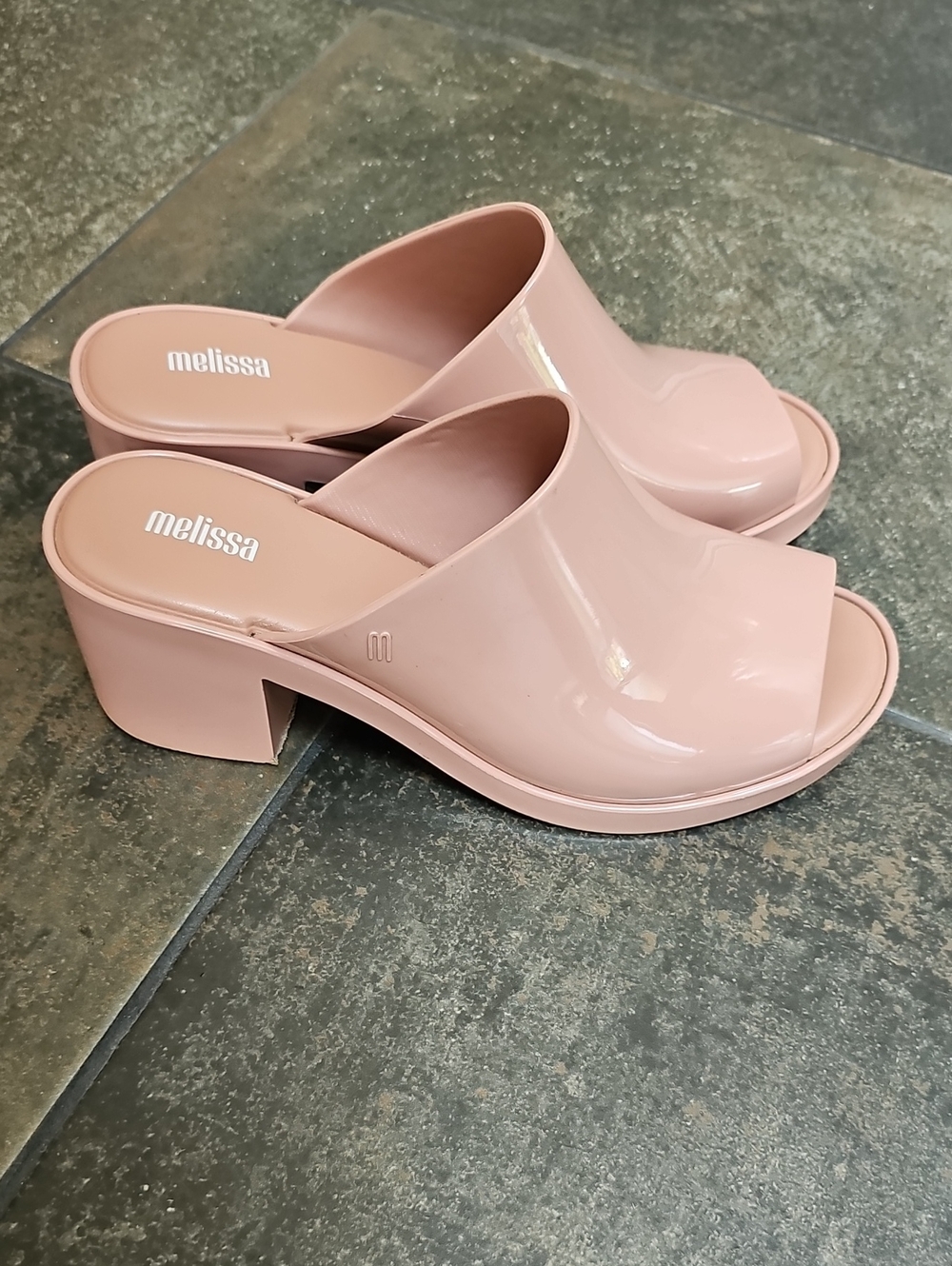 Melissa Glossy Blush Pink Block Heel Mule Slides